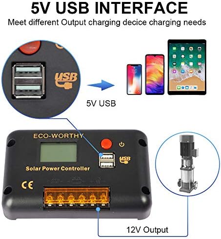 ECO-WORTHY 30A Solar Charger Controller Solar Panel Battery Intelligent Regulator with Dual USB Port Auto 12/24V PWM Positive Ground for Lithium,Lead-Acid,Gel Battery