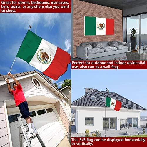 Mexico MX Flag 3x5 Outdoor Double Sided - Vivid Color Polyester Canvas Header and 4 Rows Stitched - Mexican National Flags with Brass Grommets