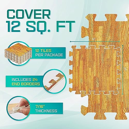 Yes4All 12SQ.FT Wood Grain Puzzle Exercise Mat Protective Flooring, EVA Interlocking Foam Floor Tiles with Border for Home