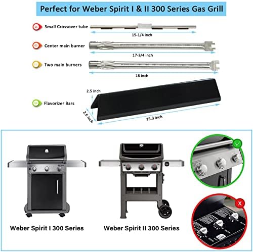 Spirit e310 7636 Flavorizer Bars & 69787 Grill Burner for Weber Spirit and Spirit II 300 Series E310 E320 E330 S310 S320 S330 68950 with Front Control, Grill Parts 15.3" Heat Plate, 18" Burner Tube