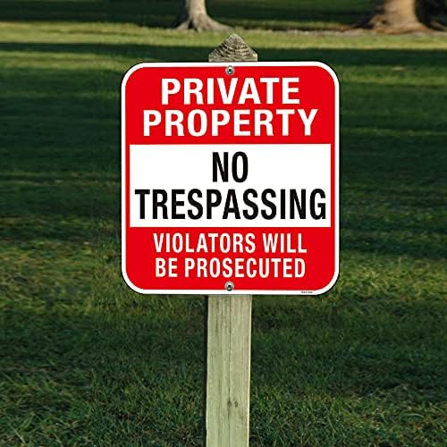 Large (4 Pack) Private Property No Trespassing Sign, 12x12 Inches Metal Heavy Duty Reflective Aluminum, Violators Will Be Prosecuted, Outdoor Weatherproof, Easy to Install