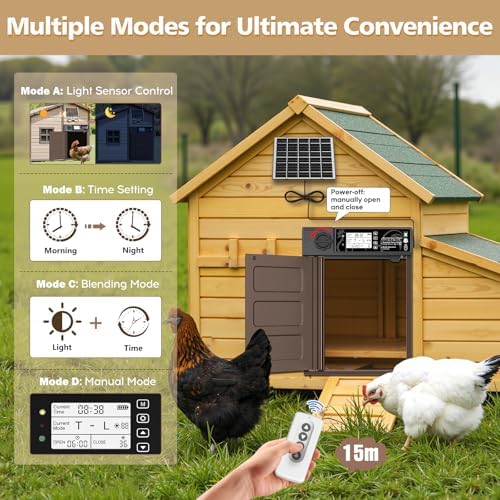 Large Size Automatic Chicken Coop Door Solar - Powered Auto Chicken Door Opener, Automatic Chicken Door with Timer/Light Sensor Modes, Intelligent Obstacle Sensors, Remote Control, 14.76"H x 11.02"L