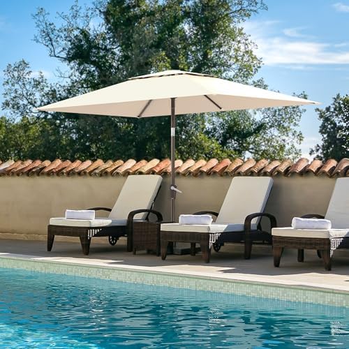 6.6x10ft Rectangular Patio Umbrella, 2 Tiers Outdoor Table Umbrellas with Push Button Tilt and Crank for Patio, Pool, Backyard, Deck, Picnic, Yard (Beige)