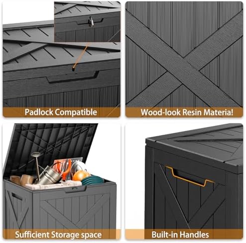 32 Gallon Deck Box Large Outdoor Storage for Patio Furniture,Outdoor Cushions,Garden Tools and Pool Supplies,Waterproof,Resin,Lockable(Black)