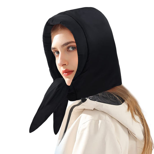 DOCILA Plain Black Hood Down Hat Women Soft Natural Babushka Hoodies Beanie Ultralight Neck Ear Protection Balaclava Warmer Padded Hooded Scarf with A Tie Under The Chin