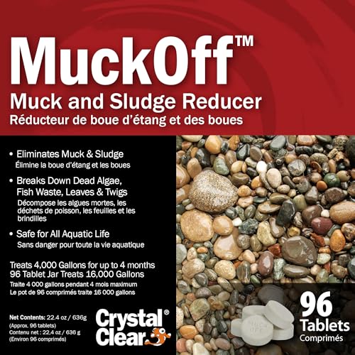 CrystalClear MuckOff, Natural Pond Muck Treatment, Water Garden, Fountain & Bird Bath Sludge Remover, Living Beneficial Bacteria Clarifier with Enzyme, Fish, Aquatic Animal, & Pet Safe, 96 Tablets