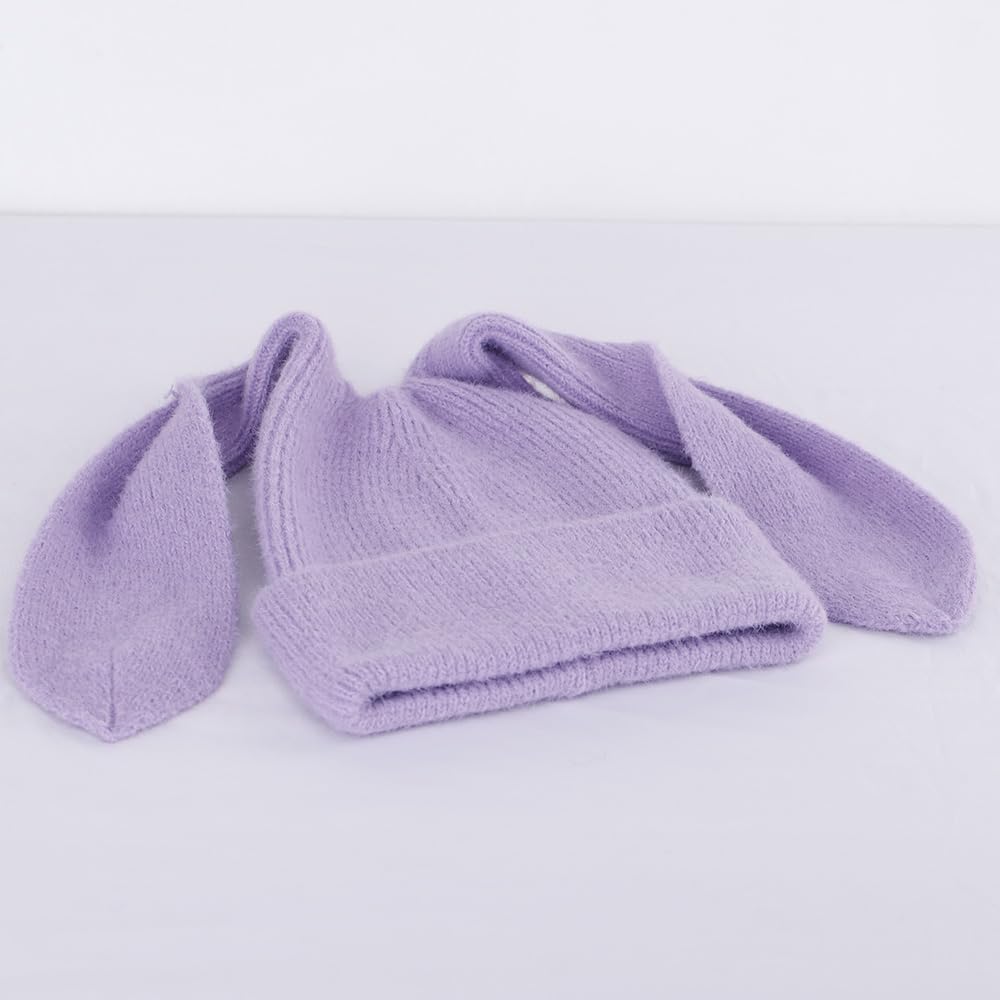 Bunny Beanie Hats for Women Cute Rabbit Beanie Crochet Hats Winter Cap Warm Skull Cap Outdoor Ski Slouchy White