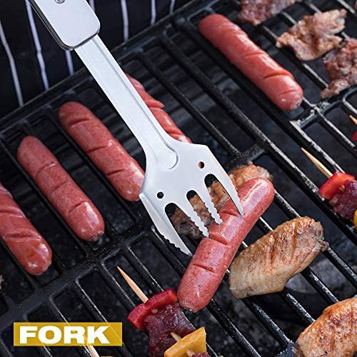ROXON 4 in 1 Mini Folding BBQ Barbecue Combo Tool Set with Spatula, Fork, Tongs and Bottle Opener for Hiking Camping (Grey)