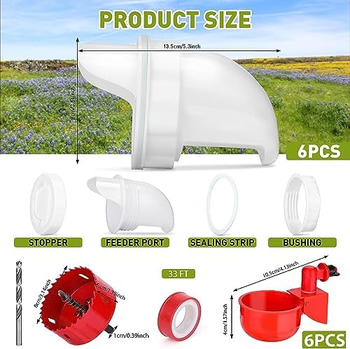 6 Pcs Chicken Feeder and Water Cup Kit - Gravity Chicken Waterer and Feeder Port Kit with Hole Saw and Sealing Tape - No Waste for Duck, Bird, Quail