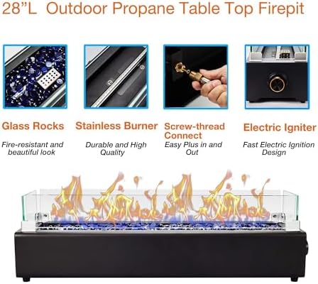 28-inch Table Top Propane Fire Pit, 40,000 BTU Tabletop Firepit for Patio, Outdoor Portable Fireplace Rectangular Fire Bowl w/Wind Glass Shield, Glass Rocks - Black