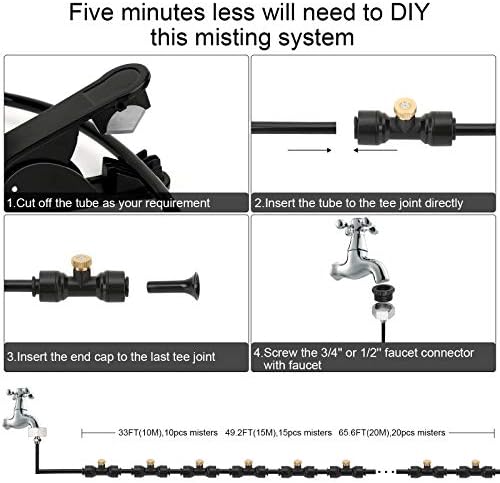 Misting Cooling System, DIY 65.6FT(20M) Misting Line +20 Brass Mist Nozzles+ a Brass Connector(3/4'') Outdoor Mister System for Patio Waterpark Garden Trampoline Greenhouse