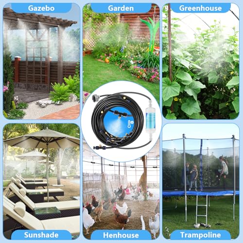 Misters for Outside Patio with Water Filter, Patio Misters for Cooling Outdoor, 66FT (20M) Misting Line 18 Brass Misters Metal Adapter(3/4"), Misting System Kit for Garden Greenhouse Gazebo Trampoline