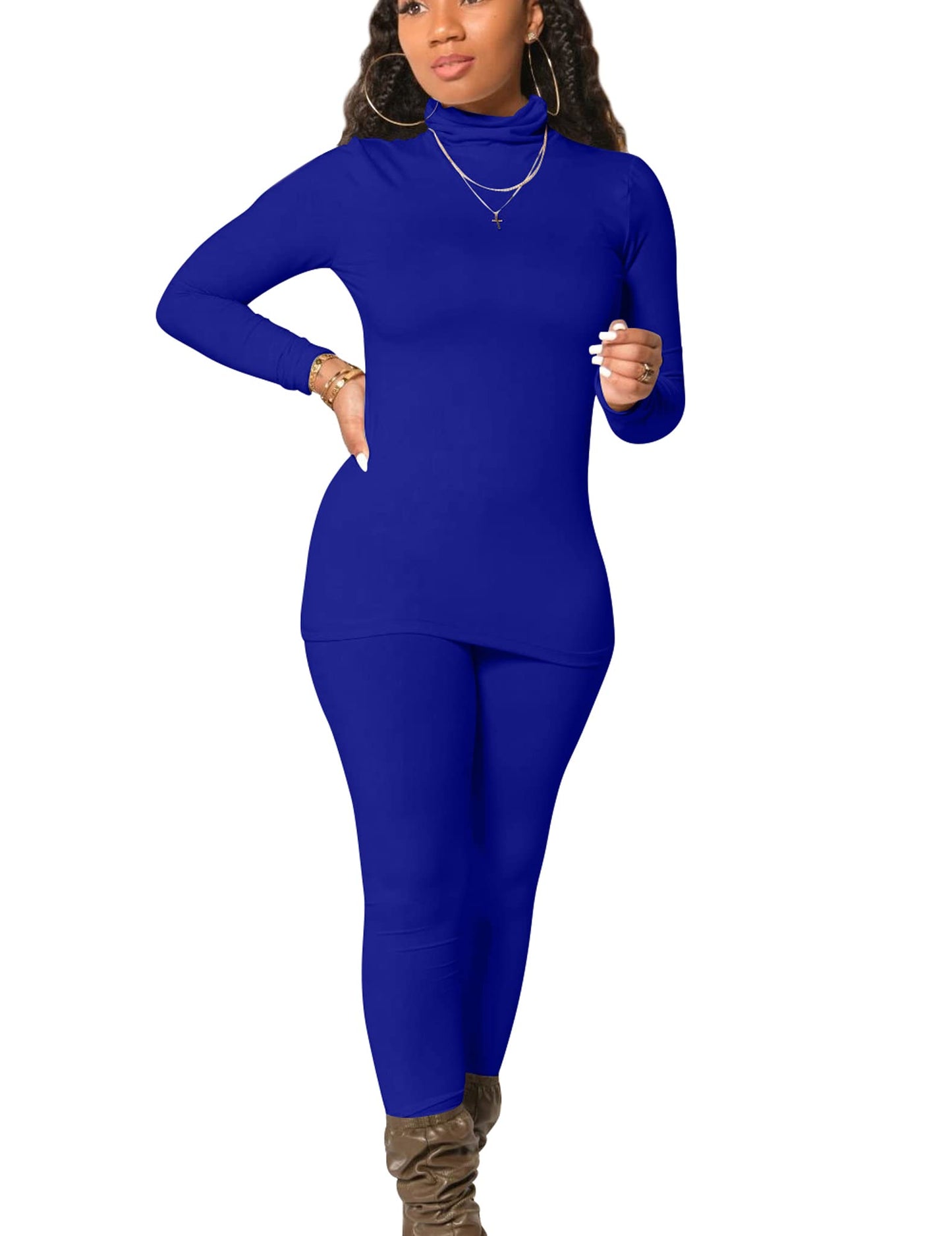 Mokoru Women's Tracksuit 2 Piece Outfits Turtleneck Long Sleeve Shirt Workout Jogger Legging Pants Set, Small, Royal Blue