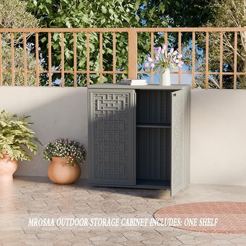 Indoor Outdoor Storage Cabinet Waterproof with Shelf,Plastic Storage Sheds Outdoor Cabinets for Patio/Garden/Backyard, Size 34.3''L*15''W*36.2''H(Gray)