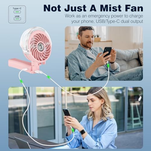 HandFan 4000mAh Handheld Misting Fan, 50ml Water Tank, Rechargeable Personal Mister Fan Portable AC, Spray Water Mist Fans, Foldable Cooling Ice Fans for Beach Travel Outdoors(Pink)