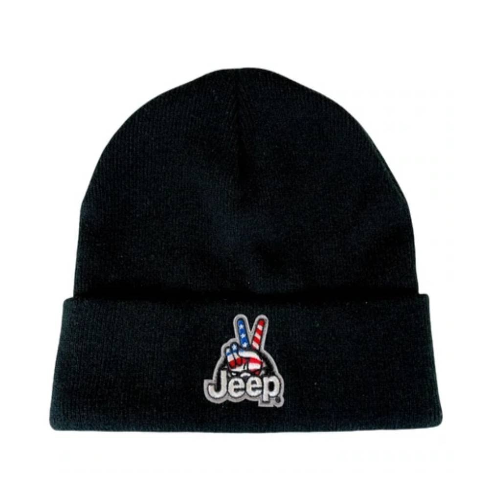 Jeep Wave USA Logo Patch Knit Hat Flip Knit Beanie (Black)