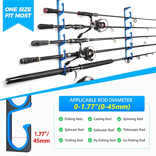 PLUSINNO H5 Horizontal Fishing Rod/Pole Holders for Garage, Wall or Ceiling Mounted Fishing Rod Rack, Aviation Aluminum Fishing Pole Holder Holds up to 5 Rod or Combos or Nets Storage Racks