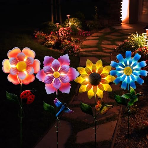 Solar Garden Stakes Lights for Outdoor Decor, 4 Pack Waterproof Metal Art Stick Flowers, Light for Outside Garden Patio Pathway Yard Backyard Porch Lawn