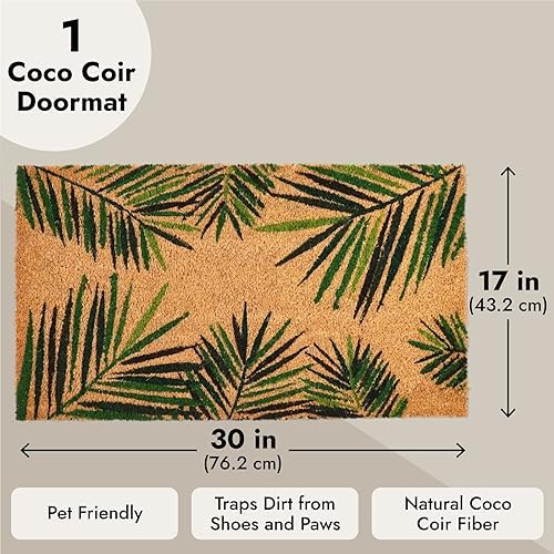 Juvale 30 x 17 in Coir Door Mat - Tropical Palm Leaf Welcome Mat Outdoor Entrance - Palm Leaf Plant Doormat for Front Porch (30 x 17 in)