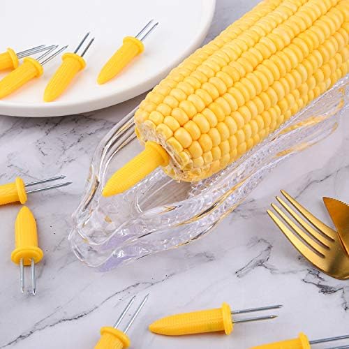Elcoho 9 Pack Plastic Corn Trays Transparent Corn Dishes with 18 Pieces Stainless Steel Corn Holders on the Cob Skewers Cob Dinnerware