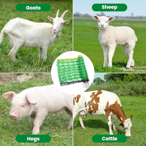 Electric Fence Netting, 49.6" H x 164'L Portable Livestock Nets for Cattle, Sheep, Goat, Hogs, Larger Animals, Electric Fencing with 14 Pre-Assembled Double-Spiked Posts for Backyards, Ranches, Farms