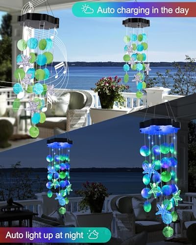 Toodour Solar Wind Chimes for Outside, Shells Light Gifts for Mom Grandma Women Wife Girls, Waterproof Solar Outdoor Decorative Mobile Light for Holiday Garden Porch Yard Outdoor Decor (Blue & Green)