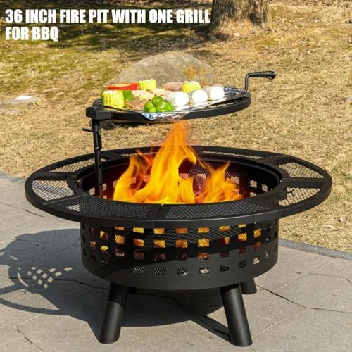 36 inch Outdoor Fire Pit with Grill,Wood Burning Firepits for Outside with Lid & Fire Poker,Metal 3-in-1 Fire Pit Table with Cooking Grate,Outdoor Fireplaces for Bonfire,Yard,BBQ(Jet Black)