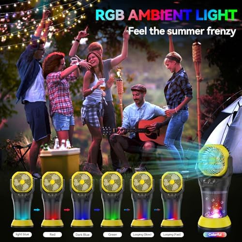 Wilody Misting Fan Portable Camping Fan 42800mAh Battery Powered with Remote Control, RGB Ambient Light with 2L Bucket, Battery Indicator, 120° Auto Oscillating, Timing Function, Grip Handle