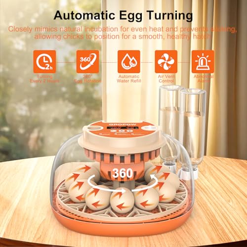 12 Egg Incubator, Automatic Turning with Temperature & Humidity Control, Egg Candler, 360 View with Air Vent, Auto Water Bottle Refill, Chicken Incubator for Hatching Eggs