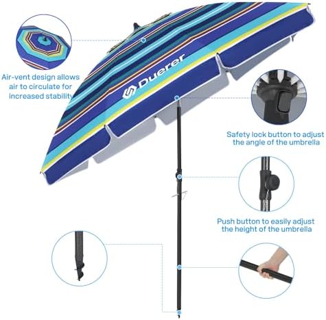 Duerer Beach Umbrellas, 8.5FT Beach Umbrella for Sand with Anchor Heavy Duty Windproof, Height Adjustable Tilt Iron Pole, Portable Beach Umbrella with Carrying Bag for Beach, Patio Garden Outdoor