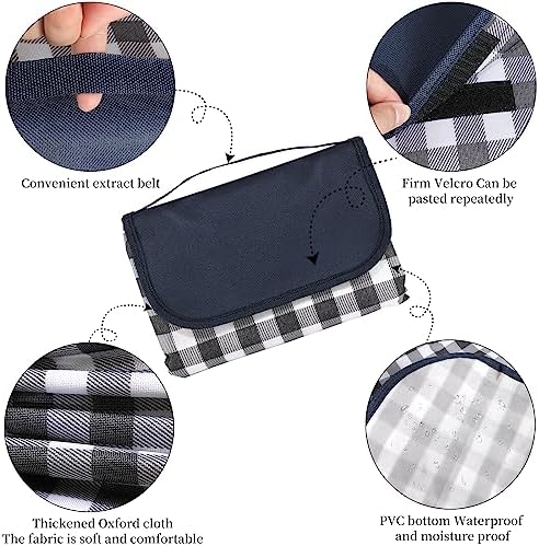 Picnic Blanket Waterproof Beach Rug 80''x80'' Picnic Mat Washable Lightweight with Handle Navy Blue Checkered for Hiking Travelling Outdoor Camping,Parks