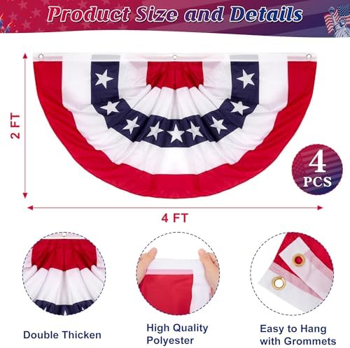 2 × 4 FT 4th of July Decorations, 4 PCS American Pleated Fan Flag, Patriotic Fourth of July Banner, Red White and Blue USA Flag Bunting for Memorial Day Independence Day Parade Outdoor Decor