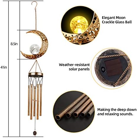 Solar Wind Chimes, Sun Wind Chime Outdoor Clearance w/Glowing Crackle Glass LED Unique Wind Bells for Outside Waterproof Chimes, Gifts for Her/Him (42" Long Metal Chimes)…
