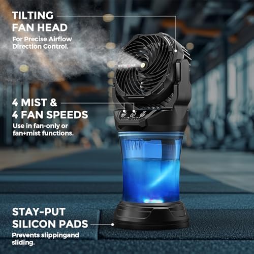 Portable Misting Fan,30000mAhRechargeable Misting Fan With Remote,Portable Mist Fans for Outside Patios Camping Beach & Travel,RGB Light,4 Speeds & Spray,120° Auto Oscillating,2l Bucket Mist Cooling