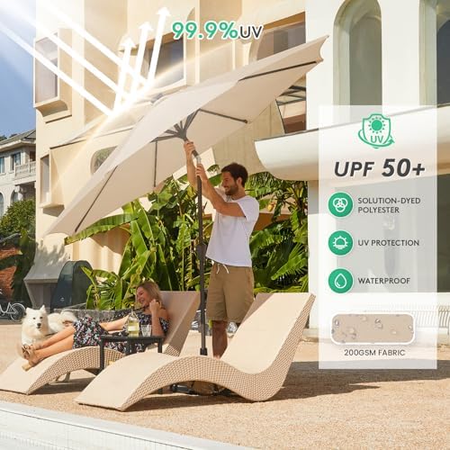 JEAREY 9FT Outdoor Patio Umbrella with Solar Lights, LED Lighted Pool Umbrella with Tilt and Crank, Outdoor Table Umbrellas for Deck, Yard & Market (Beige)