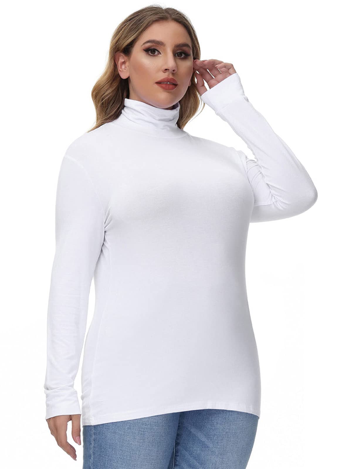 Hanna Nikole Plus Size White Turtle Neck Tops for Women Long Sleeve Fitted Stretchy Base Layer Tunics Shirt 18W 2X