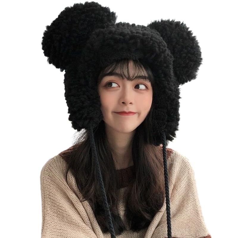 Cute Fuzzy Bear Hat with Ear Flap Faux Fur Ushanka Windproof Warm Trapper Cap Winter Thermal Hat for Girls Women Black