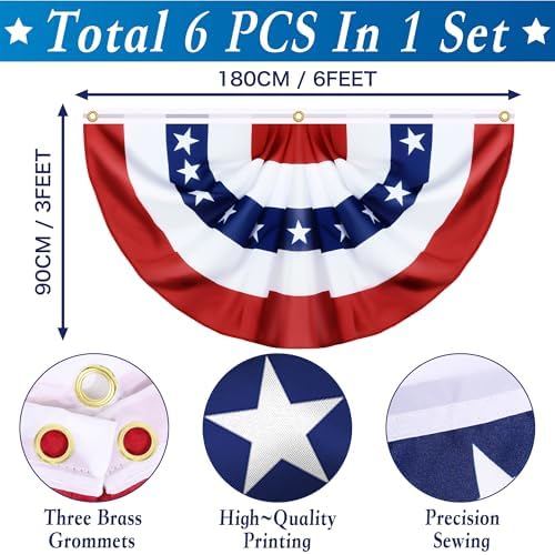 6 Pack Large Size 3 X 6 FT American Bunting Flag, 4th of July Decorations USA Pleated Fan Flag Patriotic Half Fan Banner Flags 100% polyester Fourth of July Independence Day Memorial Day Outdoor Decor