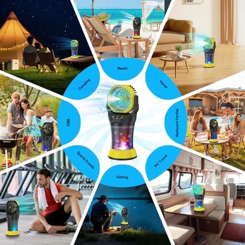 Wilody Misting Fan Portable Camping Fan 42800mAh Battery Powered with Remote Control, RGB Ambient Light with 2L Bucket, Battery Indicator, 120° Auto Oscillating, Timing Function, Grip Handle