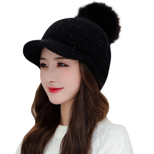 Fleece Lined Beanie Hats with Visor Brim Winter Knit Ski Cap Women Pom Pom Ball (Black)