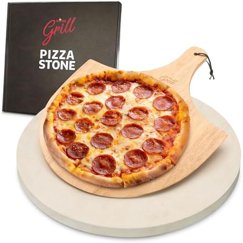 HANS GRILL PIZZA STONE | Circular Pizza Stone For Oven Baking & BBQ Grilling With Free Wooden Peel | Extra Large Round 15" Inches Diameter (38CM) Durable Cordierite Cooking Stone.