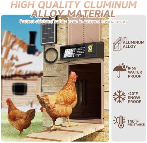 FAKI Automatic Chicken Coop Door Solar Powered with Timer Light Sensor, 2000mAh Battery and 4 Modes, Anti-Pin Brown.