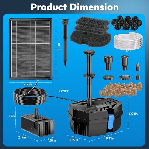 Biling Solar Pond Filter Fountain with Battery Backup 8W Solar Fountain Pump with 3600mAh Battery Filter Clean for Small Pond Water Feature Waterfall, Work Stable in Daytime