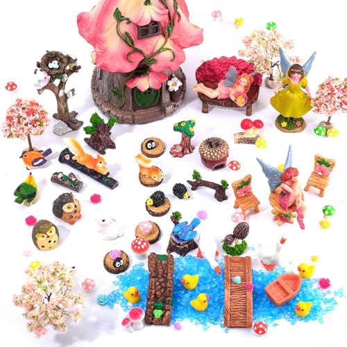 93 Pcs Fairy Garden House Resin Accessories Fairy Elves Kit Miniature Fairy Figurines Ornaments Animals Decor Outdoor for DIY Dollhouse