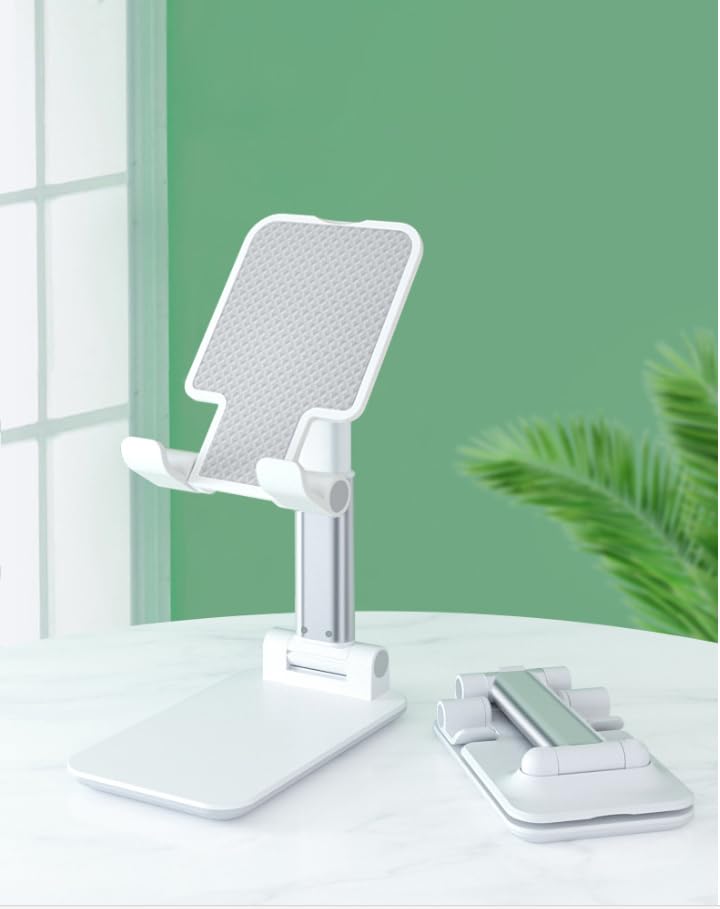 Adjustable Cell Phone Stands for Desk, Aluminum Folding Phone Holder with Stable Base and Charging Port for 4-12.9 Inches Smart Phone, Tablet (White)