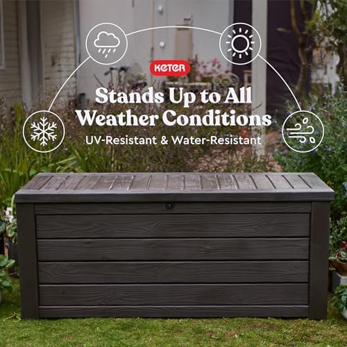 Keter Outdoor Storage Deck Box, 150 Gallon Resin Patio Bin & Bench, Wood Grain, Brown