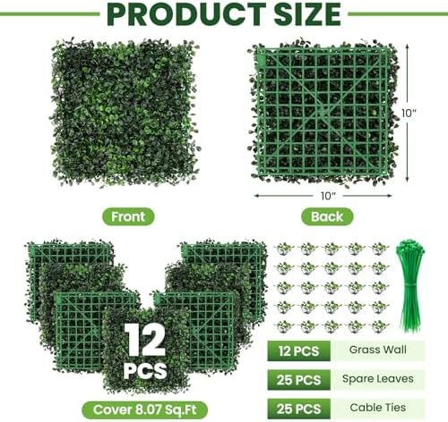 Grass Wall 12 Pack 10"x10" Artificial Boxwood Hedge Wall Panels, Privacy Hedge Screen Faux Boxwood for Outdoor,Indoor,Garden,Fence,Backyard,Greenery Walls