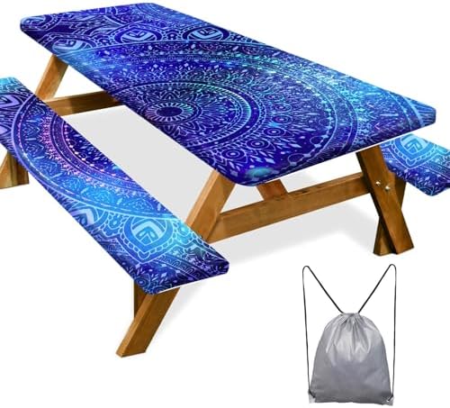 Picnic Table Cover with Bench Covers Camping Essentials Waterproof Windproof Camping Tablecloth with Drawstring Bag, Fitted Rectangle Tables and Seats, 72in, Blue Purple