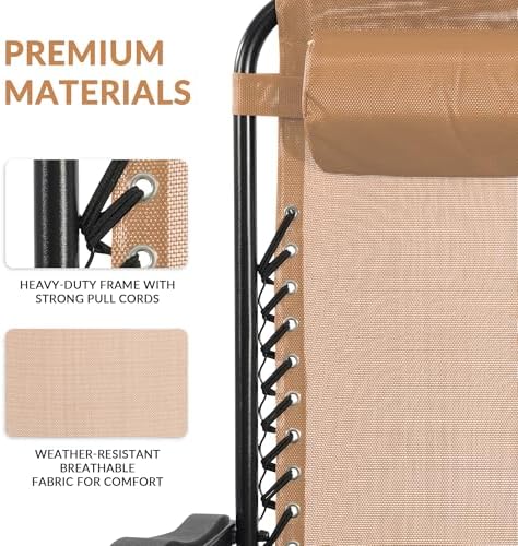Zero Gravity Chair with Cup Holder & Removable Pillow, Adjustable Reclining Outdoor Patio Folding Chairs for Adults Portable Lounge Chair Furniture for Poolside, Lawn, Beach, Camping, Beige