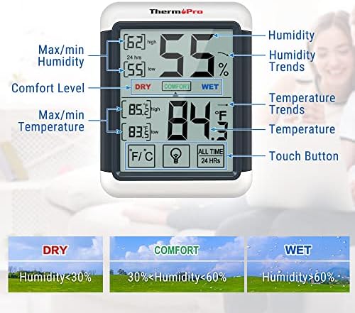 ThermoPro TP55 Digital Indoor Hygrometer Thermometer, 4-Inch Temperature / Humidity Monitor with Touchscreen and Backlit, Indoor Room Thermometer / Humidity Meter for House Home Greenhouse